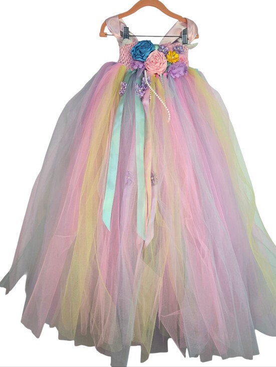 Angel Other - ANGEL TUTU Girls Size 6x-7 Pastel Floral Tulle  Dress, Flower Embellishments